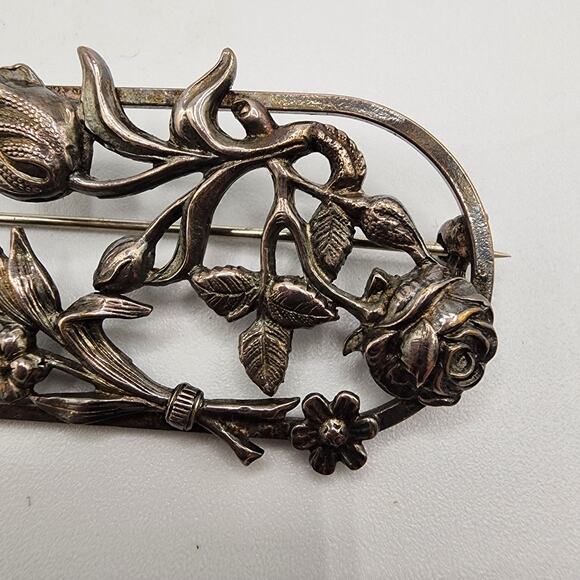 Vintage Art Nouveau Revival Floral Brooch Silver Tone Rose Tulip Bar Pin 1930s - Picture 3 of 8